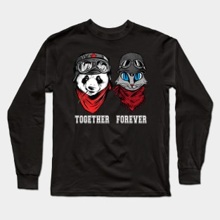 Cute Panda and cat couple in helmet and goggles with the words together forever. Long Sleeve T-Shirt